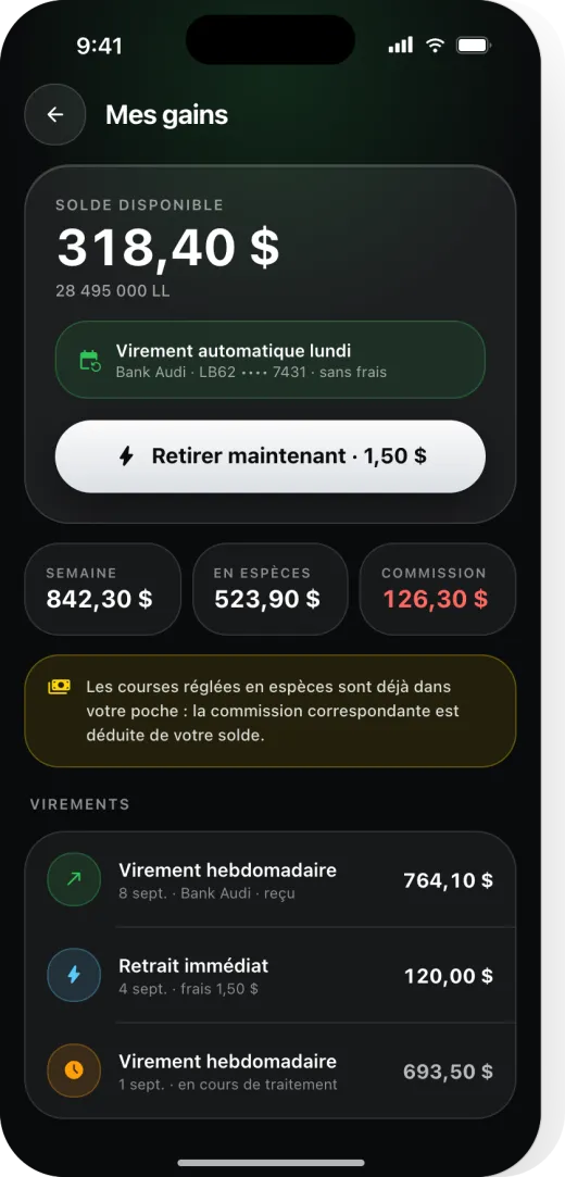 Écran des gains du chauffeur